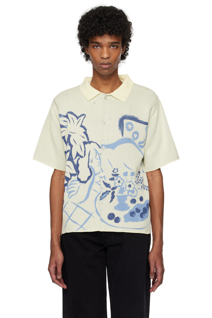 Knit mercerized cotton shirt. 

· Rib-knit spread collar
· Button closure
· Jacquard graphic at front
· Mother-of-pearl hardware

Supplier color: Creme