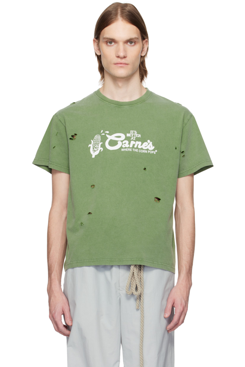 Boxy-fit organic cotton jersey T-shirt. Distressing throughout. 

· Rib-knit crewneck
· Graphic and text printed at chest

Supplier color: Off-green