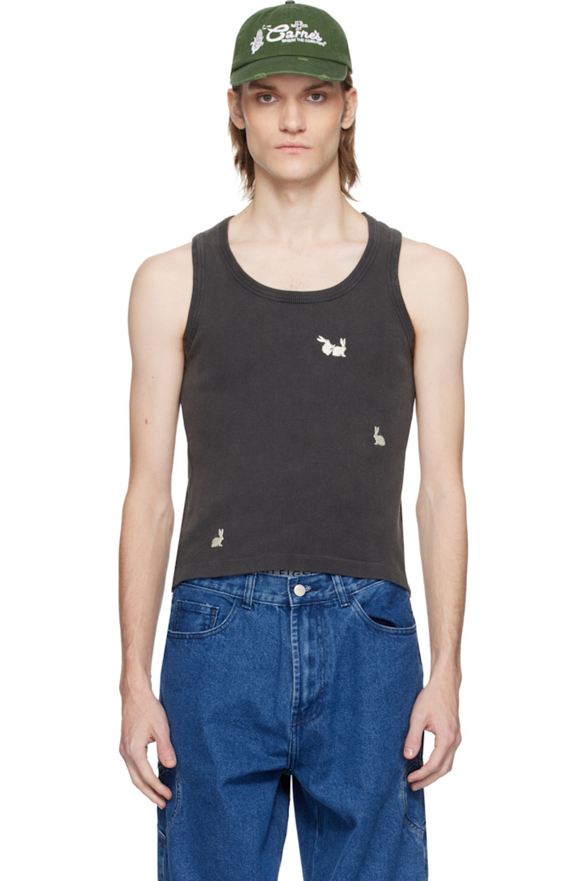 Rib-knit stretch cotton tank top. 

· Graphics embroidered throughout
· Scoop neck

Supplier color: Off-black
