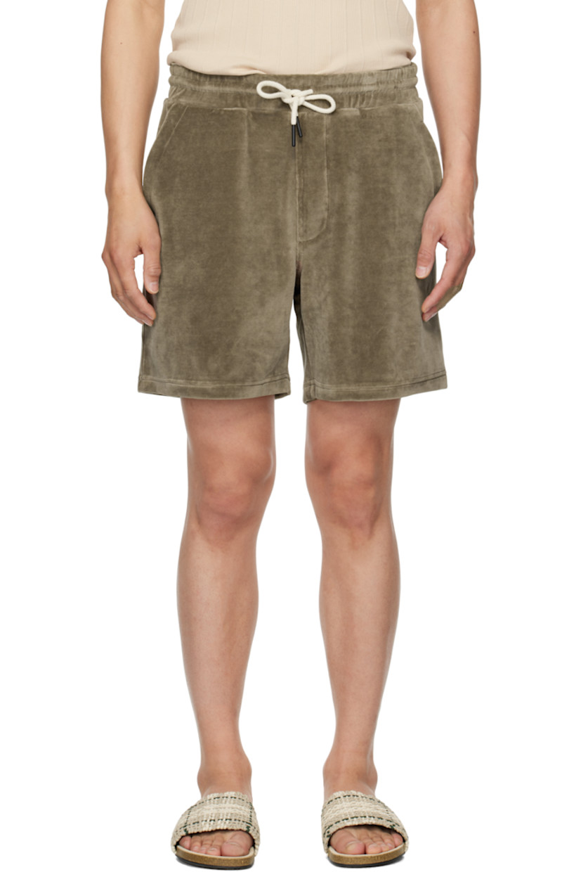 Cotton-blend velour shorts.

· Mid-rise
· Drawstring at elasticized waistband
· Three-pocket styling
· Mock fly

Supplier color: Morel