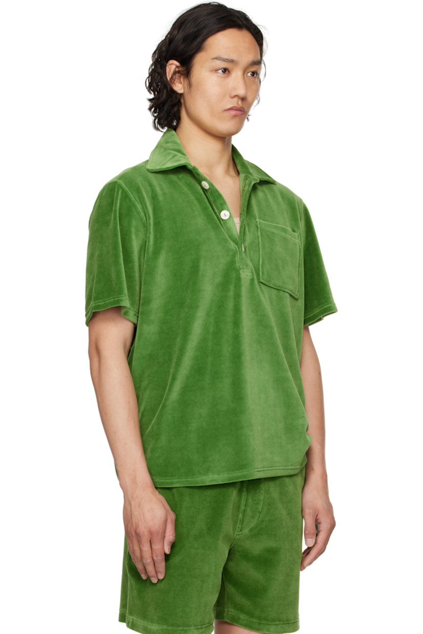 Cotton-blend velour polo.

· Spread collar
· Three-button placket
· Patch pocket at chest
· Tennis-tail hem
· Mother-of-pearl hardware

Supplier color: Green