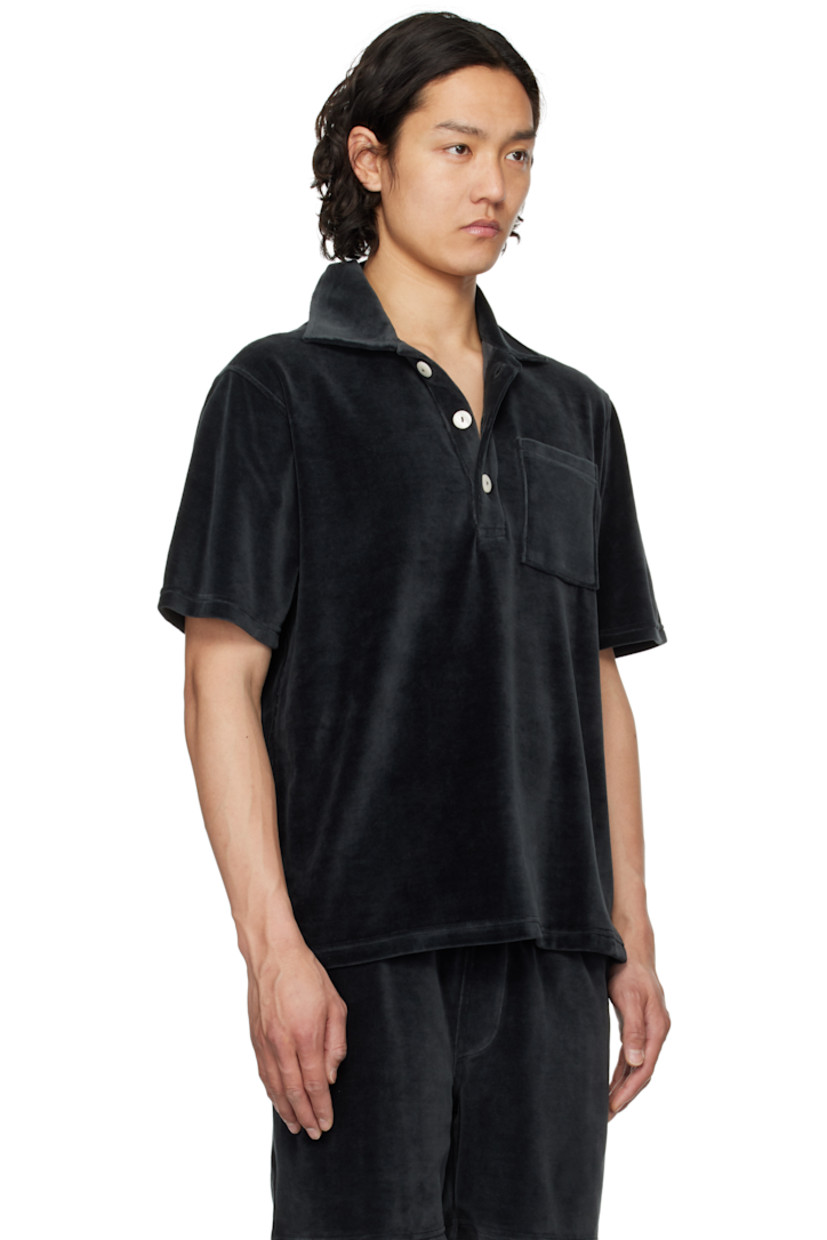 Cotton-blend velour polo.

· Spread collar
· Three-button placket
· Patch pocket at chest
· Tennis-tail hem
· Mother-of-pearl hardware

Supplier color: Nearly black