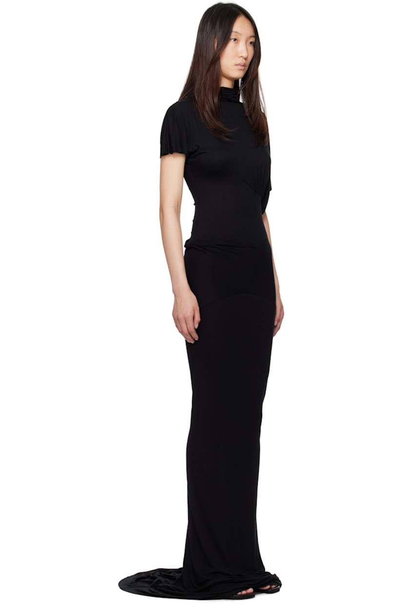 Semi-sheer viscose jersey maxi dress.

· FSC®-certified viscose
· Asymmetrical draped construction
· Cowl neck
· Ruching at waist
· Raw edge at hem

Supplier color: Black