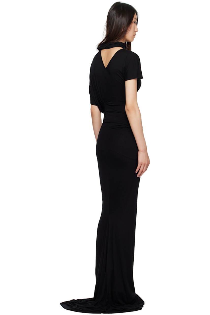 Semi-sheer viscose jersey maxi dress.

· FSC®-certified viscose
· Asymmetrical draped construction
· Cowl neck
· Ruching at waist
· Raw edge at hem

Supplier color: Black
