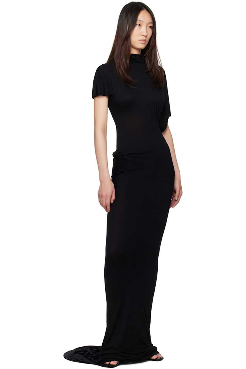 Semi-sheer viscose jersey maxi dress.

· FSC®-certified viscose
· Asymmetrical draped construction
· Cowl neck
· Ruching at waist
· Raw edge at hem

Supplier color: Black