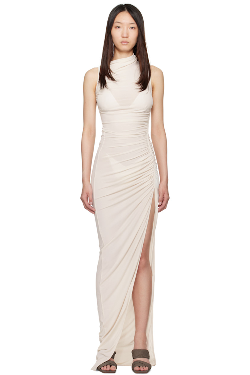 Semi-sheer stretch viscose-blend crêpe jersey maxi dress.

· FSC®-certified viscose
· Draping at offset cowl neck
· Slit at hem
· Ruching at side seam

Supplier color: Dove