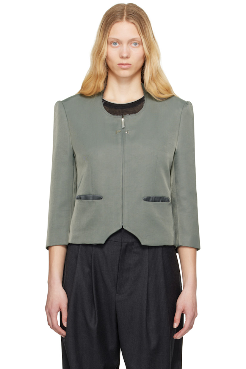 Crinkled plain-woven nylon-blend blazer.

· Raw edge at round neck
· Zip closure
· Hook-eye fastening at chest
· Darts at front and back
· Welt pockets
· Cutout at front hem
· Gathering at padded shoulders
· Frayed flag at back shoulder
· Welt pocket at interior
· Full satin lining

Supplier color: Charcoal