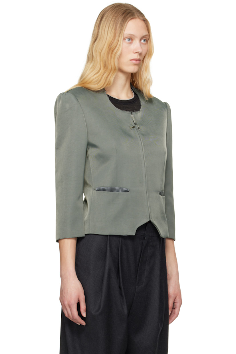 Crinkled plain-woven nylon-blend blazer.

· Raw edge at round neck
· Zip closure
· Hook-eye fastening at chest
· Darts at front and back
· Welt pockets
· Cutout at front hem
· Gathering at padded shoulders
· Frayed flag at back shoulder
· Welt pocket at interior
· Full satin lining

Supplier color: Charcoal