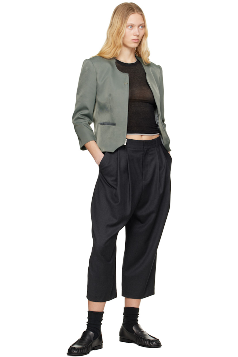 Crinkled plain-woven nylon-blend blazer.

· Raw edge at round neck
· Zip closure
· Hook-eye fastening at chest
· Darts at front and back
· Welt pockets
· Cutout at front hem
· Gathering at padded shoulders
· Frayed flag at back shoulder
· Welt pocket at interior
· Full satin lining

Supplier color: Charcoal