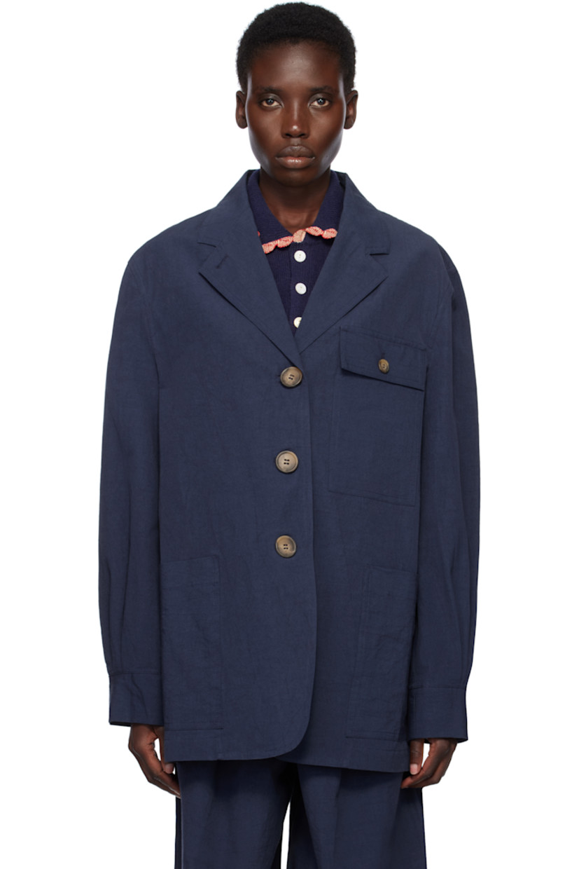 Oversized slub cotton- and hemp-blend canvas jacket.

· Notched lapel
· Button closure
· Flap pocket at chest
· Patch pockets
· Dropped shoulders
· Pleats at cuffs

Supplier color: Navy