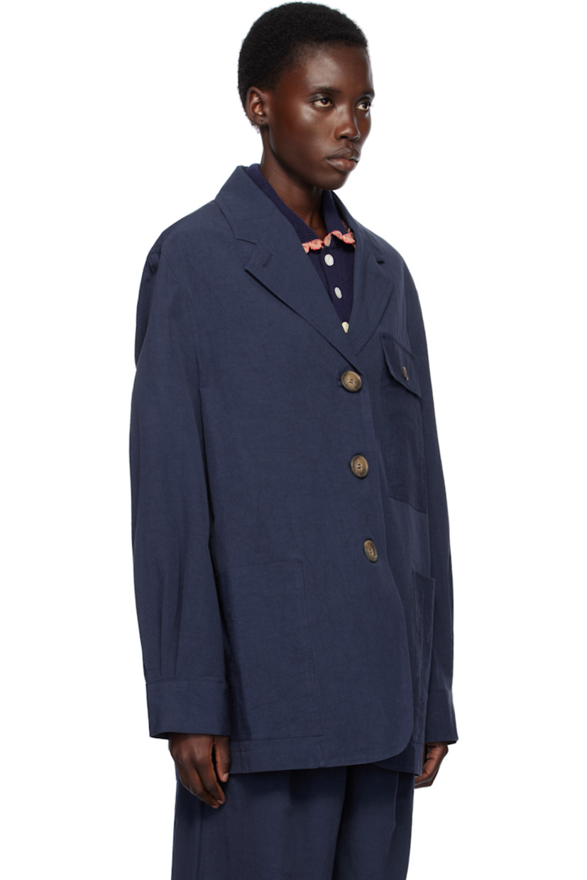 Oversized slub cotton- and hemp-blend canvas jacket.

· Notched lapel
· Button closure
· Flap pocket at chest
· Patch pockets
· Dropped shoulders
· Pleats at cuffs

Supplier color: Navy