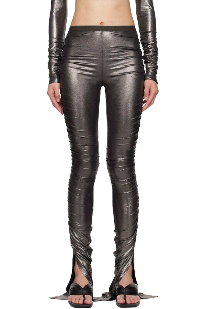 Foil-coated stretch viscose jersey leggings.

· FSC®-certified viscose
· Elasticized waistband
· Vent at cuffs
· Ruching at outseams

Supplier color: Gunmetal