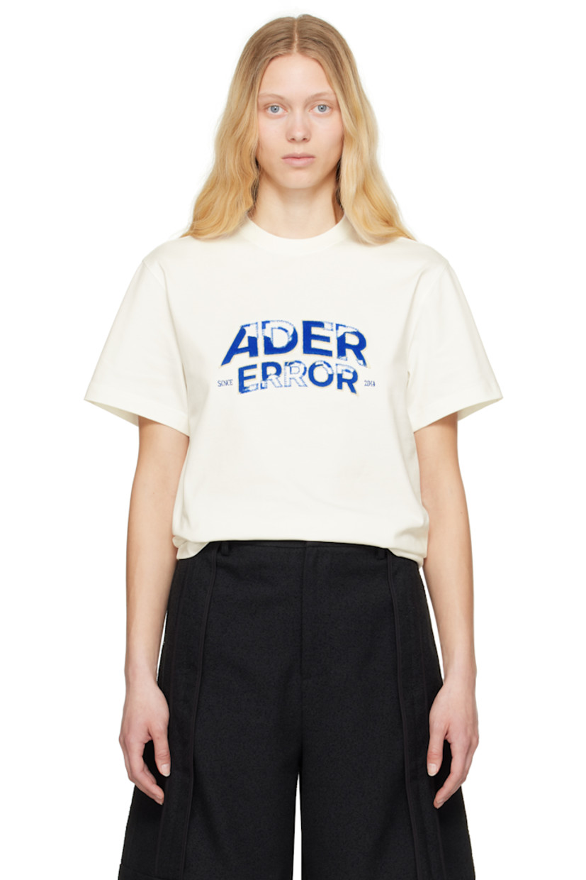 Cotton-blend jersey T-shirt.

· Rib-knit crewneck
· Embroidered logo appliqués at front
· Topstitching at back shoulder

Supplier color: Off white