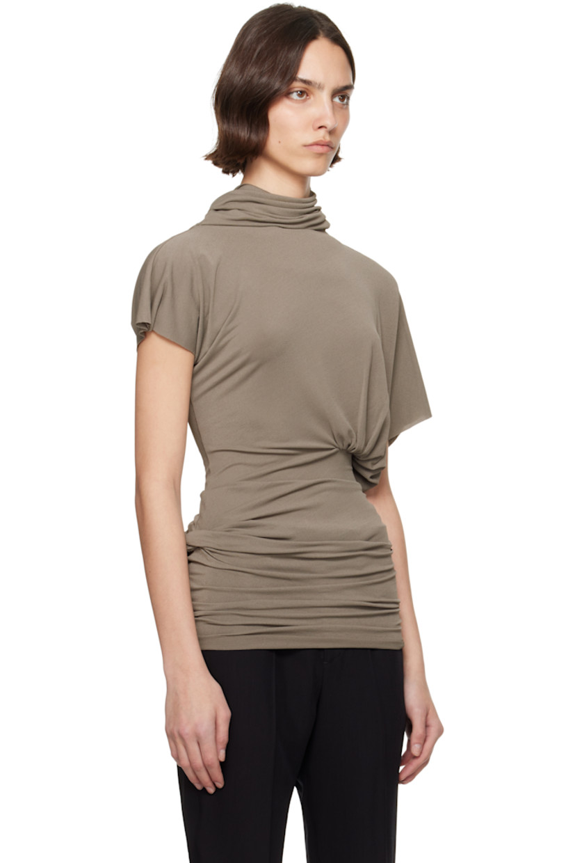 Stretch FSC®-certified viscose-blend jersey T-shirt.

· Asymmetrical draped construction
· Cowl neck
· Gathering at side seam
· Cutout at back collar

Supplier color: Dust