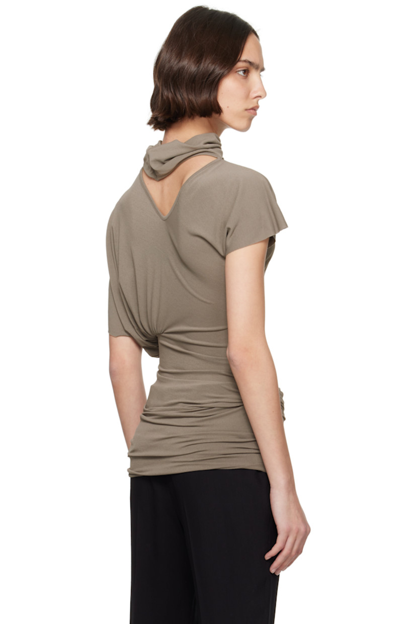 Stretch FSC®-certified viscose-blend jersey T-shirt.

· Asymmetrical draped construction
· Cowl neck
· Gathering at side seam
· Cutout at back collar

Supplier color: Dust