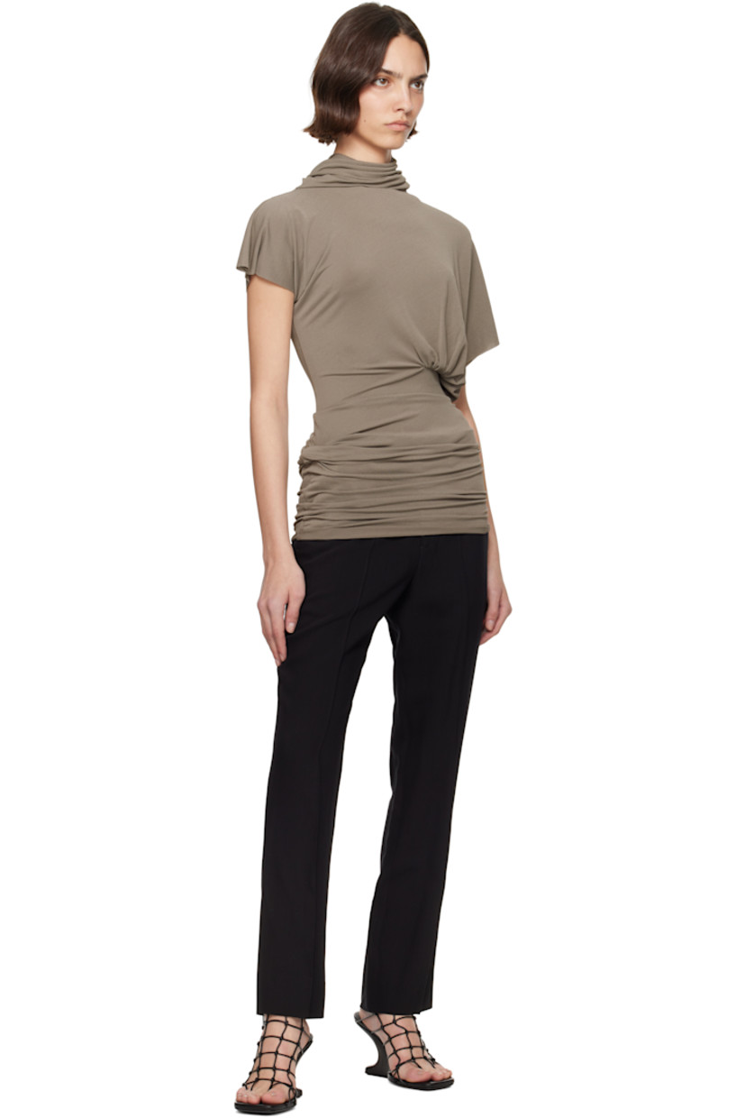 Stretch FSC®-certified viscose-blend jersey T-shirt.

· Asymmetrical draped construction
· Cowl neck
· Gathering at side seam
· Cutout at back collar

Supplier color: Dust