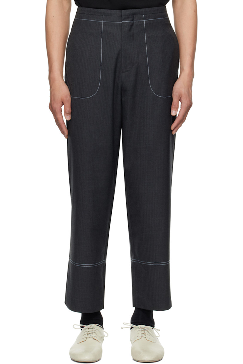 Wool-blend delaine trousers. 

· Mid-rise
· Four-pocket styling
· Zip fly
· Darts with topstitching at back waistband
· Frayed flag with topstitching at back
· Contrast stitching in white

Supplier color: Grey