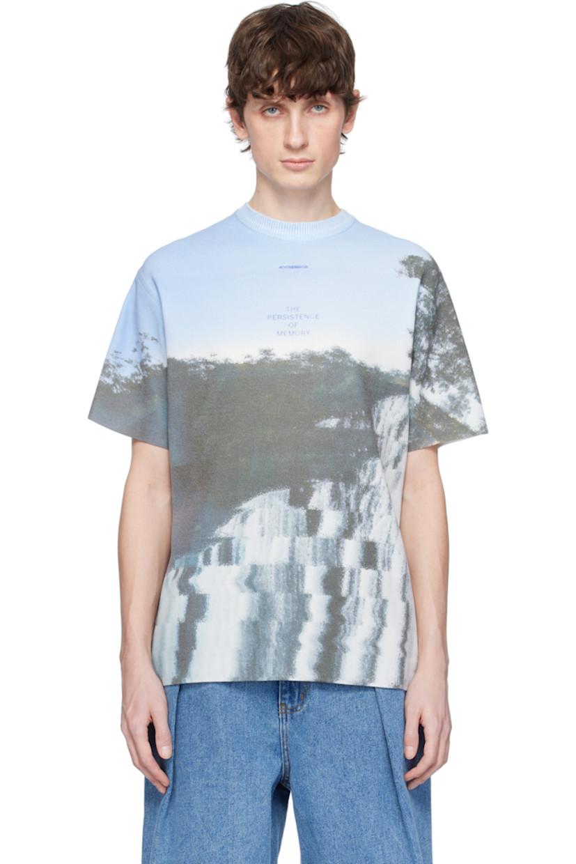 Knit cotton-blend T-shirt.

· Rib-knit crewneck
· Logo, text, and graphic printed at front
· Frayed logo flag with topstitching at back

Supplier color: Blue