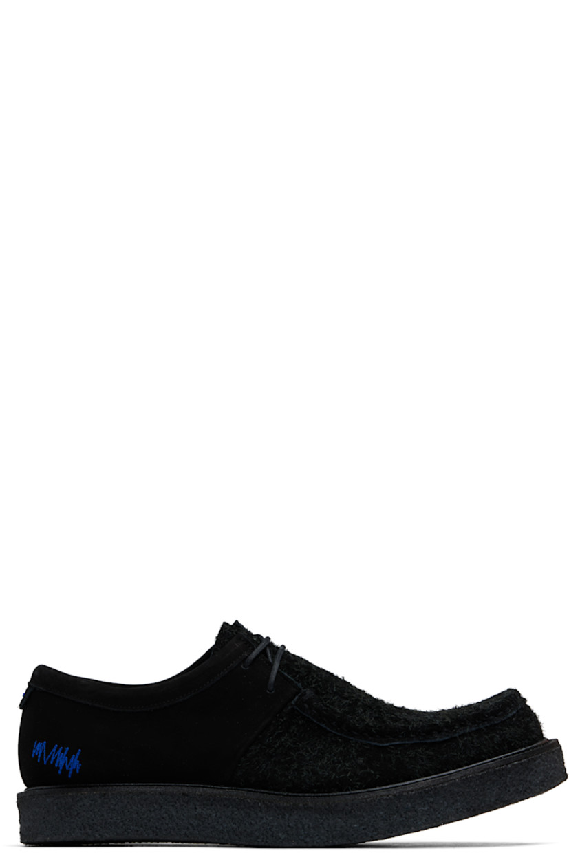 Brushed suede and nubuck derbys in black.

· Square moc toe
· Lace-up closure
· Logo embroidered at outer side
· Buffed leather lining
· Serrated edge and topstitching at welt
· Crêpe rubber sole

Supplier color: Black