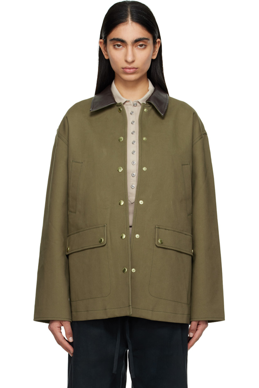 Cotton twill jacket. 

· Buffed faux-leather spread collar
· Press-stud closure
· Welt pockets
· Flap pockets
· Dropped shoulders
· Full satin lining 
· Logo-engraved gold-tone hardware

Supplier color: Army