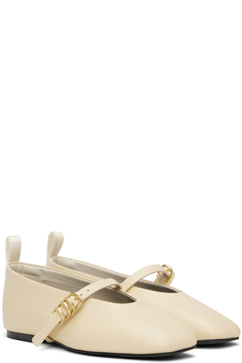 Nappa leather Mary Jane-style ballerina flats in off-white.

· Square toe
· Pin-buckle strap and D-rings at vamp
· Logo-embossed webbing pull-loop at heel 
· Padded OrthoLite® Lazy-Hybrid™ footbed
· Leather sole with rubber injections
· Gold-tone hardware

Supplier color: Greige