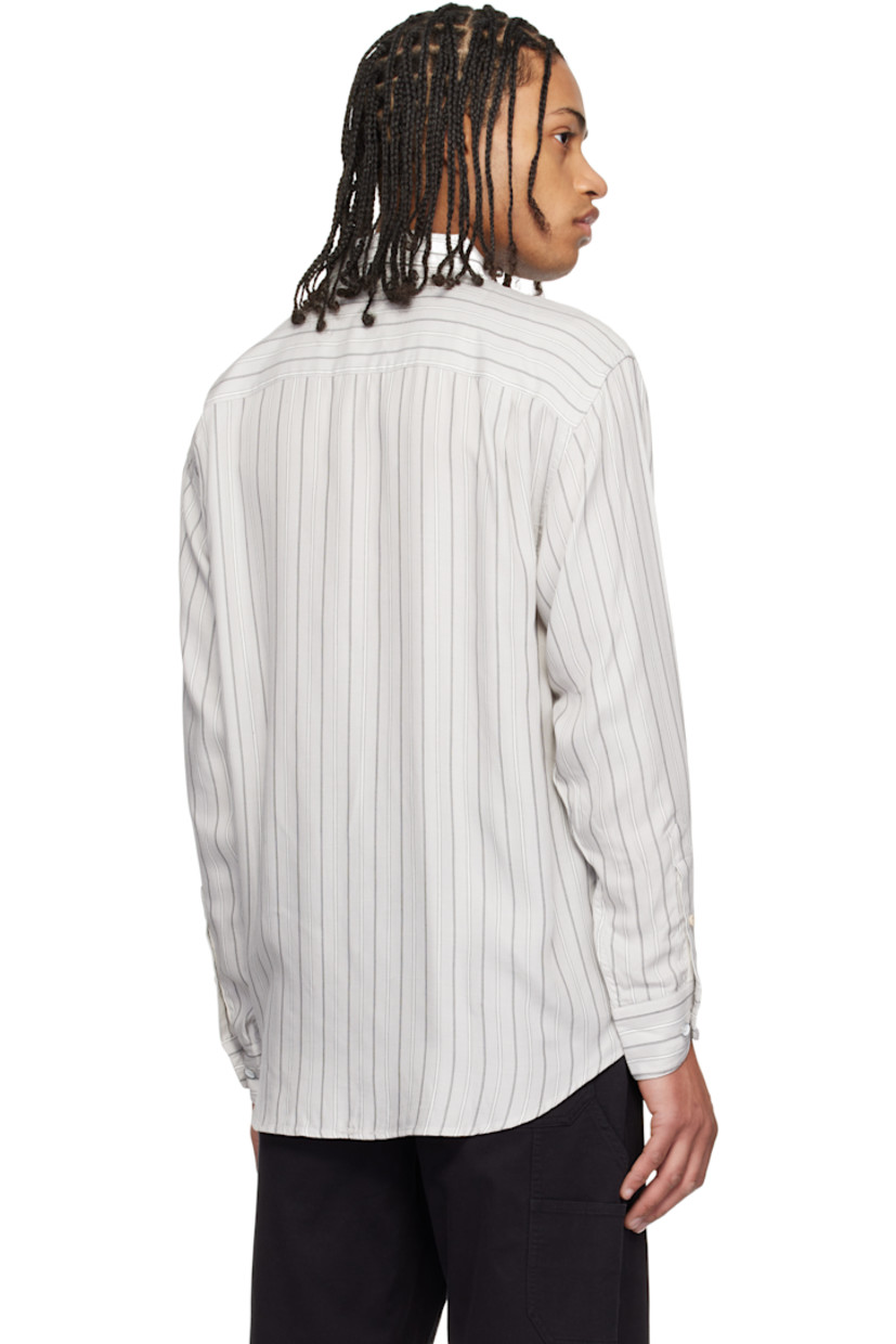 Relaxed-fit brushed modal twill shirt. Stripes throughout.

· Spread collar
· Button closure
· Logo patch at button placket
· Shirttail hem
· Pleated adjustable single-button barrel cuffs
· Locker loop at back collar

Supplier color: White stripe