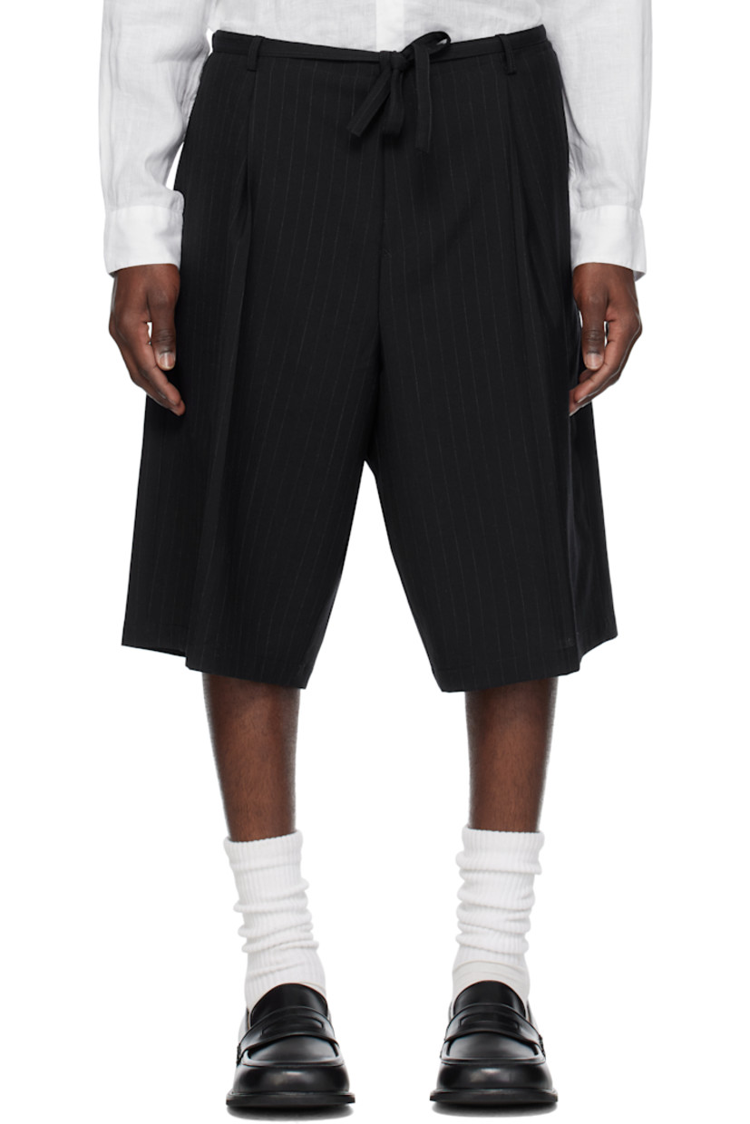 Wool barathea shorts. Pinstripes throughout.

· Belt loops and integrated self-tie belt
· Four-pocket styling
· Zip fly
· Pleats at front
· Creased legs
· Partially lined

Supplier color: Navy stripe