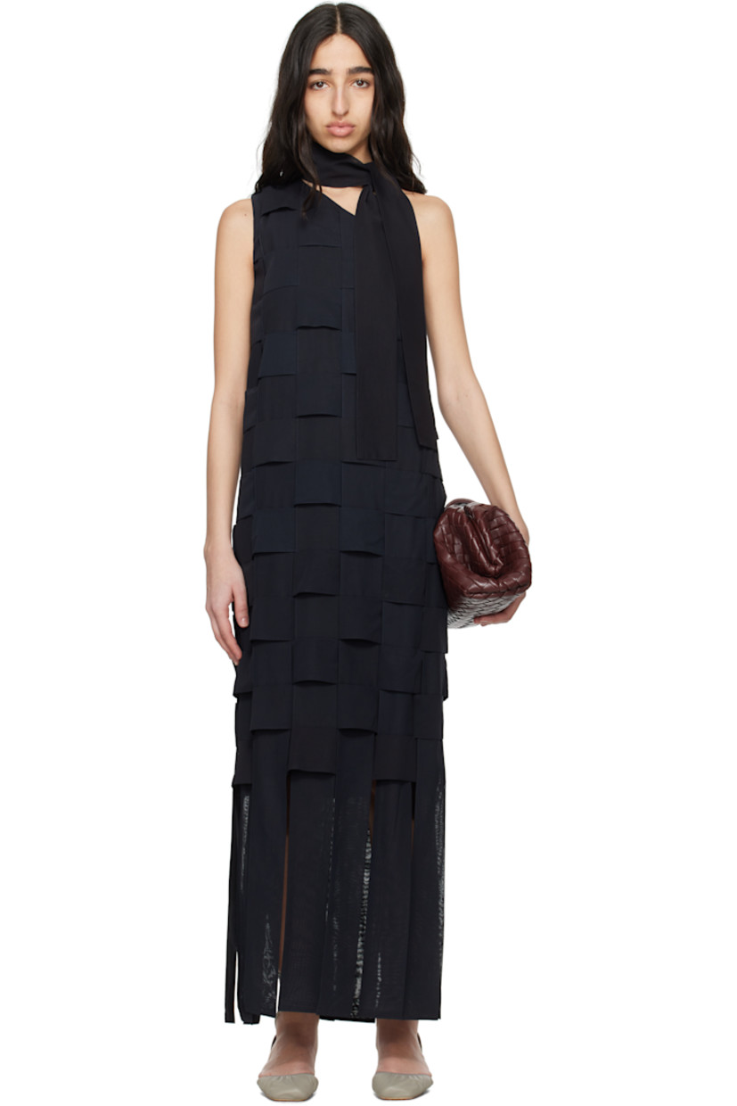 Basket-woven cotton voile midi dress.

· Single-shoulder construction
· Integrated scarf-style strap at collar
· Extended fringe-style trim at hem
· Concealed zip closure at side
· Full broadcloth lining

Supplier color: Marine