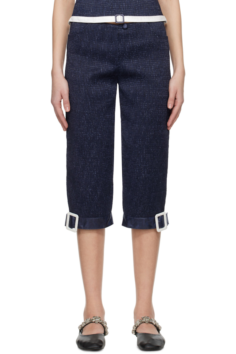 Cotton brocade trousers. Shirring throughout. 

· Two-pocket styling
· Zip fly
· Cinch strap at cuffs

Supplier color: Marine
