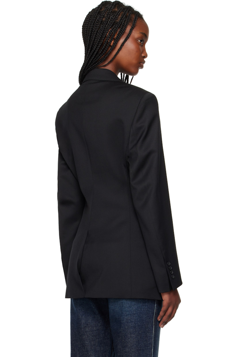 Polyester- and wool-blend twill blazer.

· Notched lapel
· Button closure
· Welt pocket at chest
· Flap pockets
· Padded shoulders
· Four-button surgeon's cuffs
· Central vent at back hem
· Welt pocket at interior
· Full satin lining

Supplier color: Black