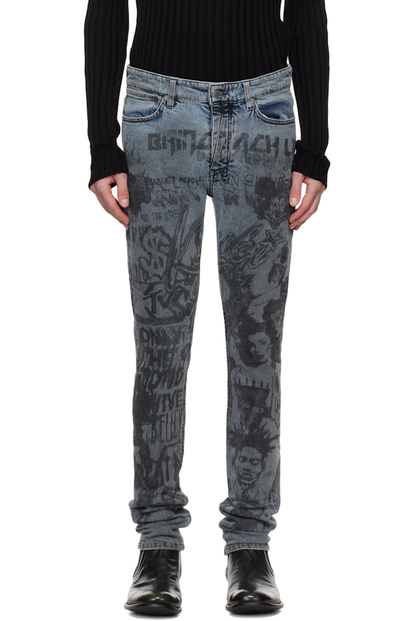 Skinny-fit stretch denim jeans. Fading, graphic, and text throughout.

· Mid-rise
· Belt loops
· Five-pocket styling
· Button-fly
· Logos embroidered at back 
· Logo embroidered at back leg 
· Logo-engraved silver-tone hardware 

Supplier color: Denim