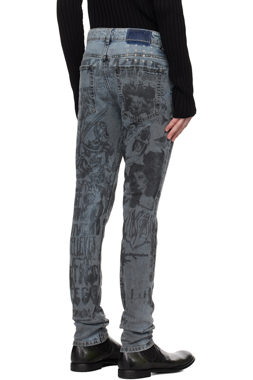 Skinny-fit stretch denim jeans. Fading, graphic, and text throughout.

· Mid-rise
· Belt loops
· Five-pocket styling
· Button-fly
· Logos embroidered at back 
· Logo embroidered at back leg 
· Logo-engraved silver-tone hardware 

Supplier color: Denim