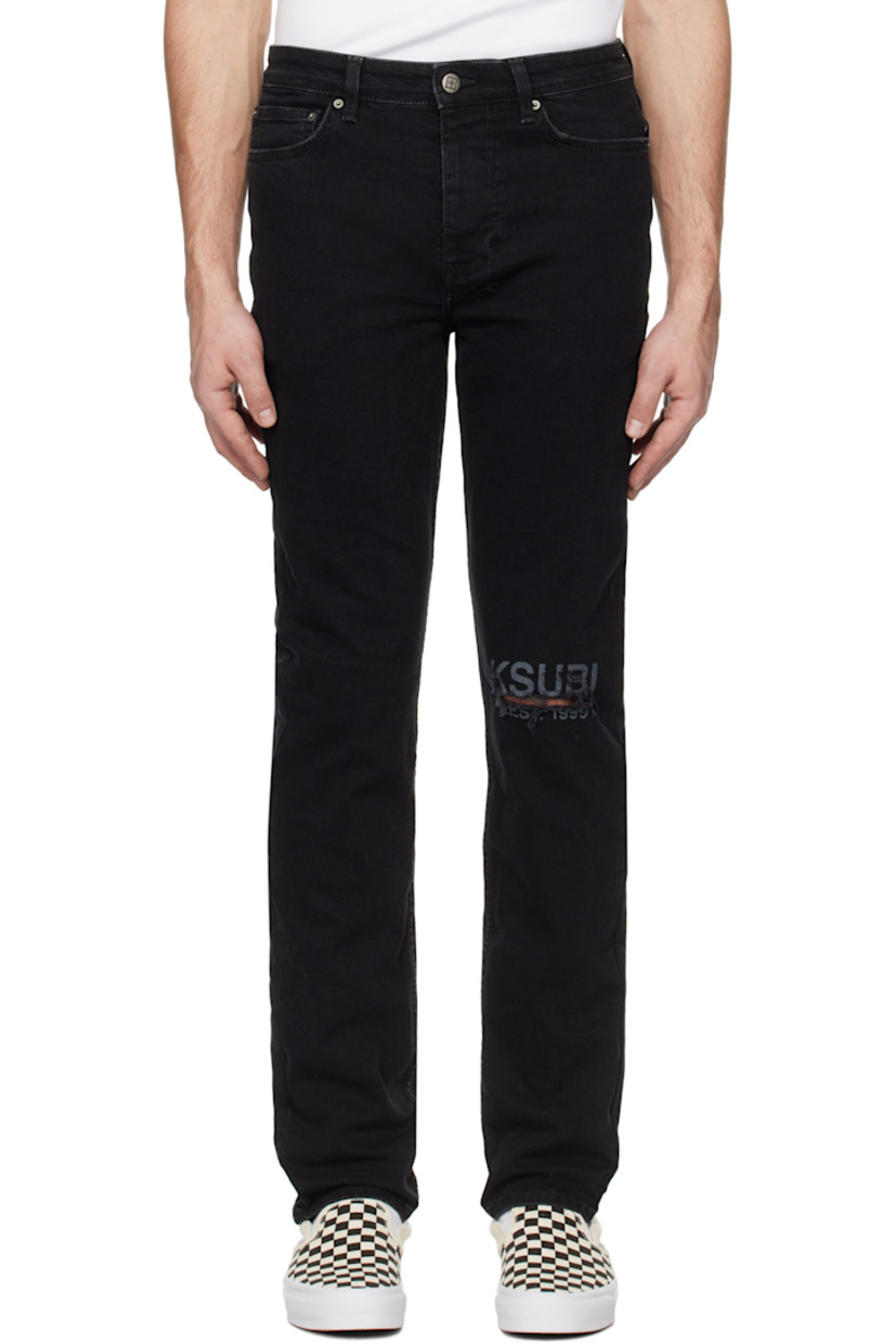 Slim-fit and tapered stretch denim jeans. Fading and distressing throughout.

· Mid-rise
· Belt loops
· Five-pocket styling
· Button-fly
· Logo printed at ripped knee
· Logo graphic embroidered at back waistband and leg
· Detachable logo flag at back pocket
· Logo-engraved silver-tone hardware

Supplier color: Black