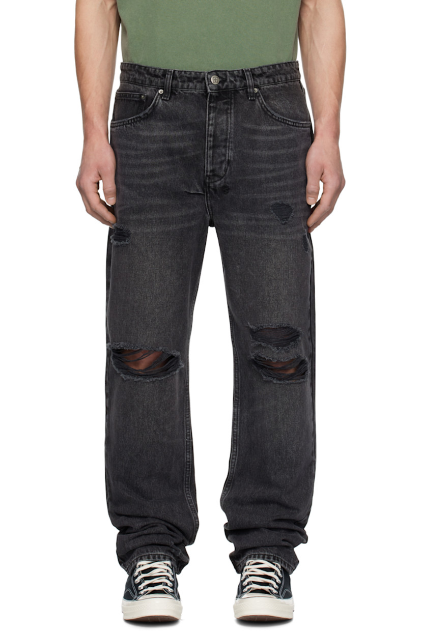 Straight-leg non-stretch denim jeans. Fading, whiskering, and distressing throughout. 

· Mid-rise
· Belt loops
· Five-pocket styling
· Button-fly
· Logo graphics embroidered at back waist
· Detachable logo flag at back pocket
· Logo embroidered at back leg
· Logo-engraved silver-tone hardware

Supplier color: Black