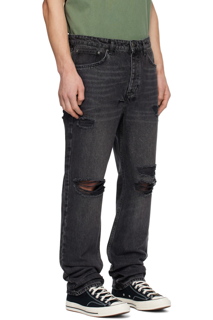 Straight-leg non-stretch denim jeans. Fading, whiskering, and distressing throughout. 

· Mid-rise
· Belt loops
· Five-pocket styling
· Button-fly
· Logo graphics embroidered at back waist
· Detachable logo flag at back pocket
· Logo embroidered at back leg
· Logo-engraved silver-tone hardware

Supplier color: Black