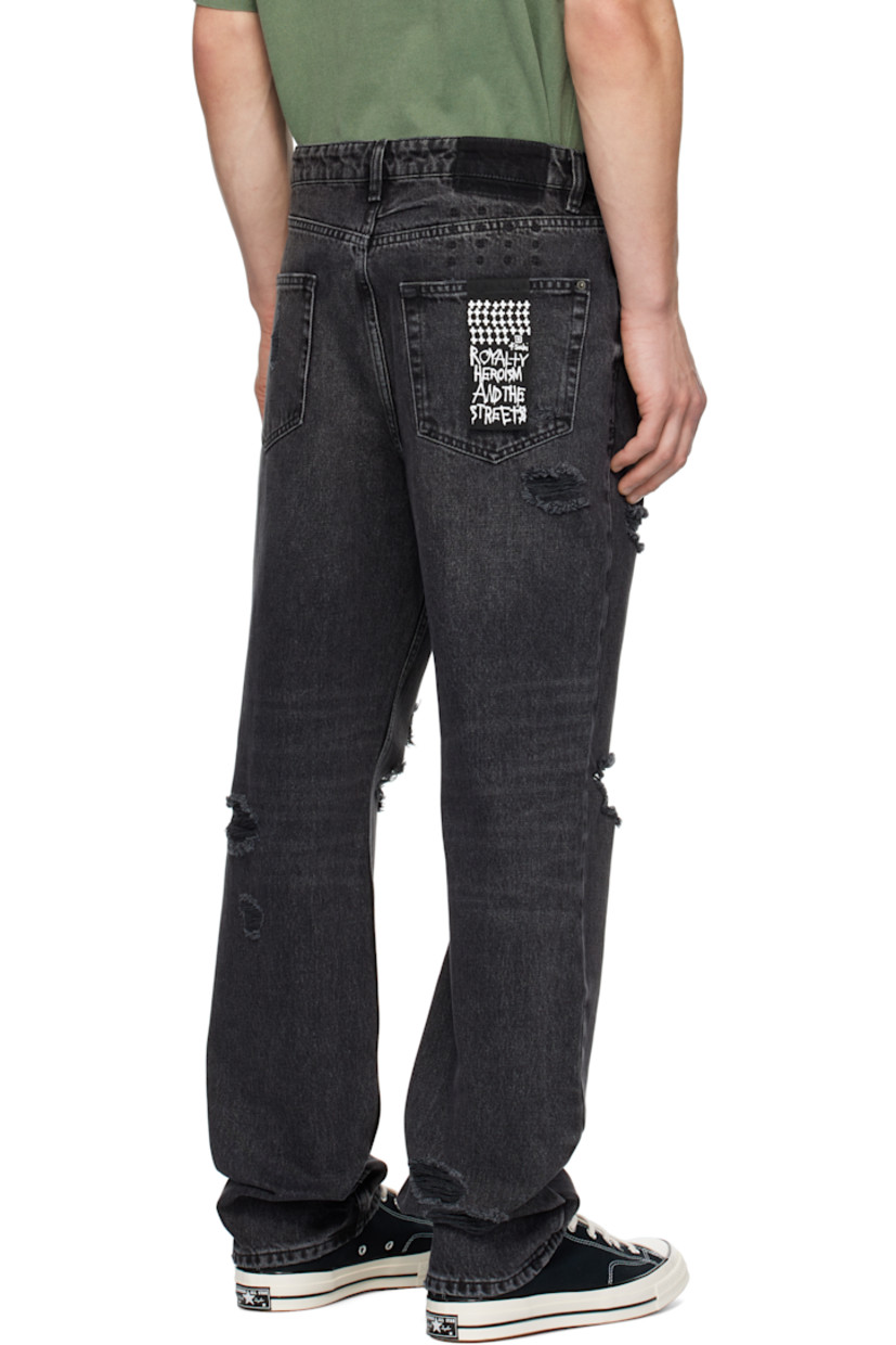 Straight-leg non-stretch denim jeans. Fading, whiskering, and distressing throughout. 

· Mid-rise
· Belt loops
· Five-pocket styling
· Button-fly
· Logo graphics embroidered at back waist
· Detachable logo flag at back pocket
· Logo embroidered at back leg
· Logo-engraved silver-tone hardware

Supplier color: Black