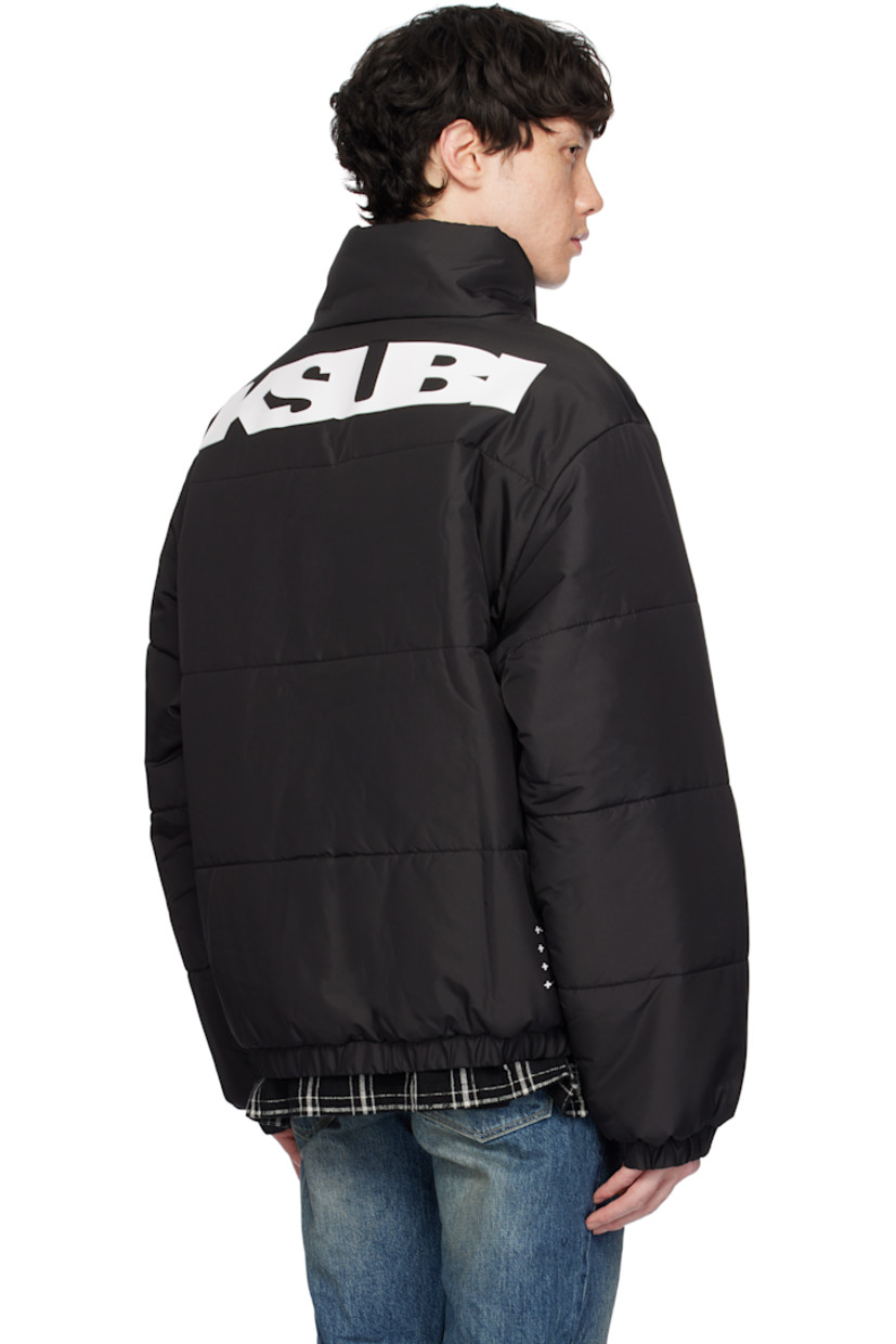 Reversible padded quilted polyester satin jacket. 

Reverse in black polyester satin. Logo bonded at back collar.

· Stand collar
· Zip closure
· Logo bonded at chest and side seam
· Zip pockets
· Elasticized hem and cuffs
· Logo flag at cuff

Supplier color: Black