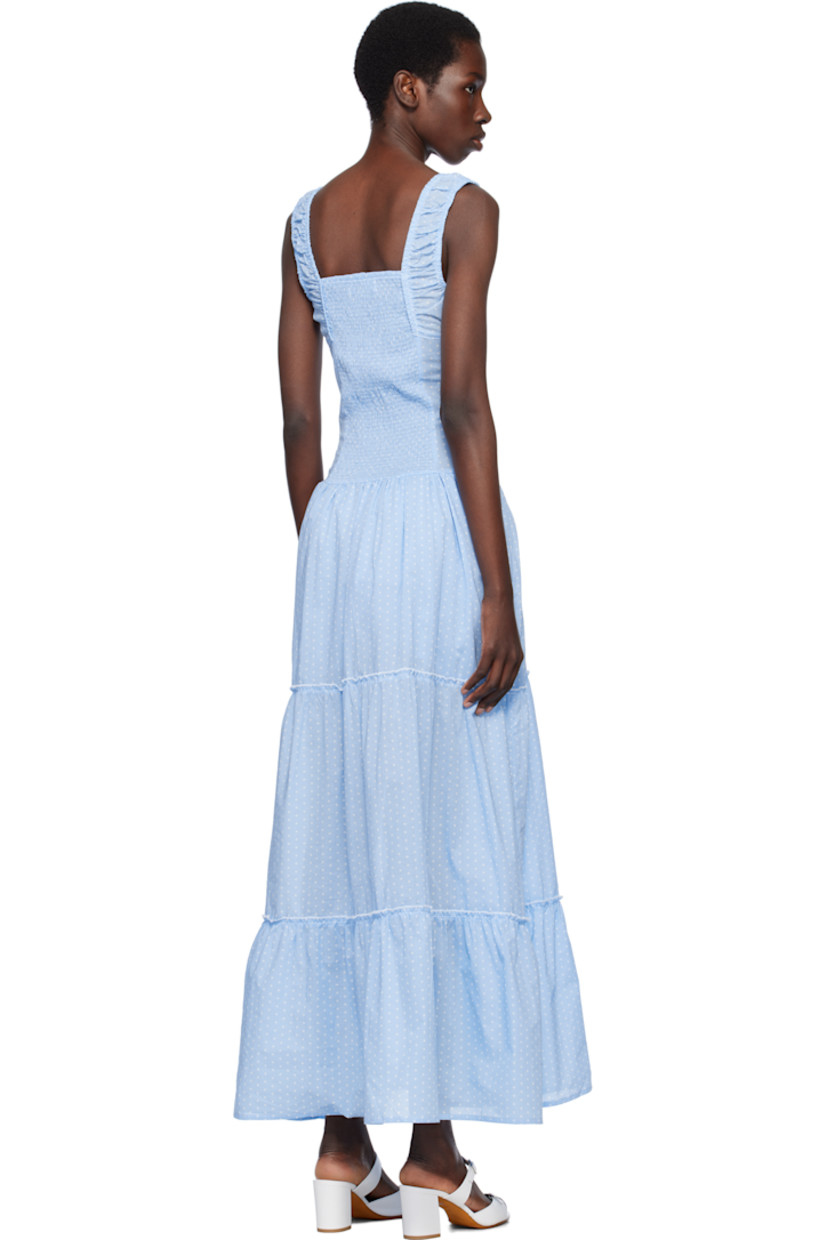 Plain-woven cotton dress. Ruffled trim and polka-dot pattern printed throughout.

· Drawstring at elasticized square neck
· Gathering at chest and waist
· Mock button closure
· Tiered skirt 
· Elasticized shoulder straps
· Shirring at back
· Partially lined

Supplier color: Raindrop