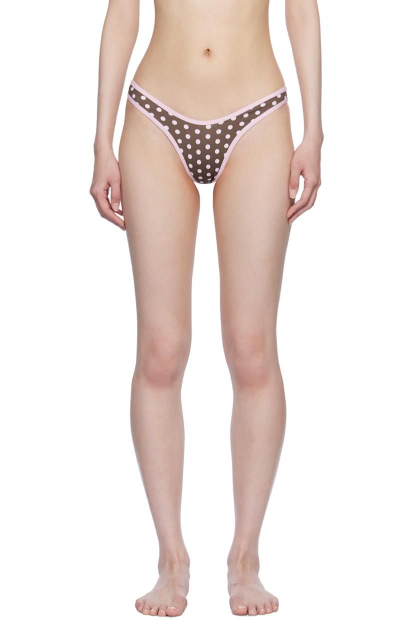 Stretch nylon jersey thong-style bikini bottom.

· Polka dot pattern throughout
· Fully lined

Supplier color: Coco dot
