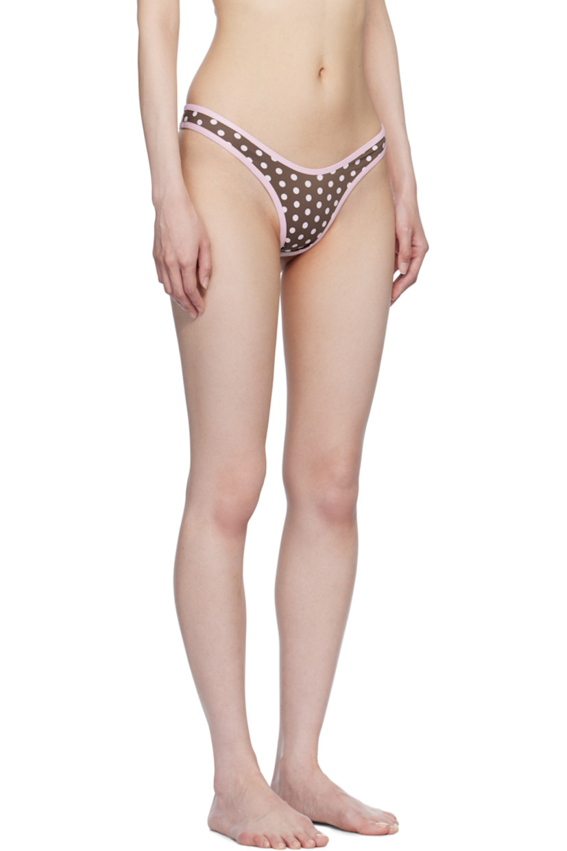 Stretch nylon jersey thong-style bikini bottom.

· Polka dot pattern throughout
· Fully lined

Supplier color: Coco dot