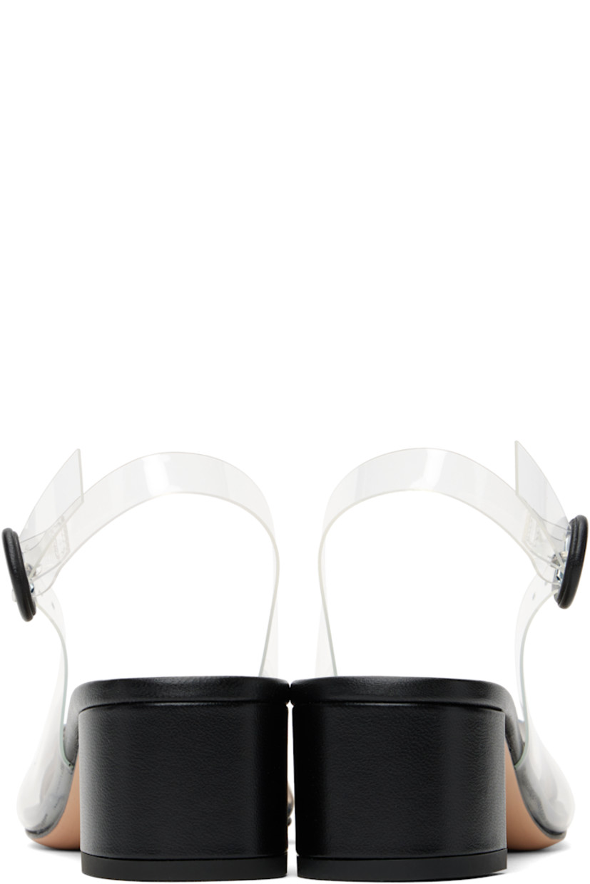 Transparent vinyl heels in black.

· Nappa lambskin cap toe
· Pin-buckle slingback strap
· Perforations at inner side
· Logo stamp at padded goatskin footbed
· Leather block heel with rubber injection
· Leather sole
· Heel: H1.75"

Supplier color: Black/Transparent
