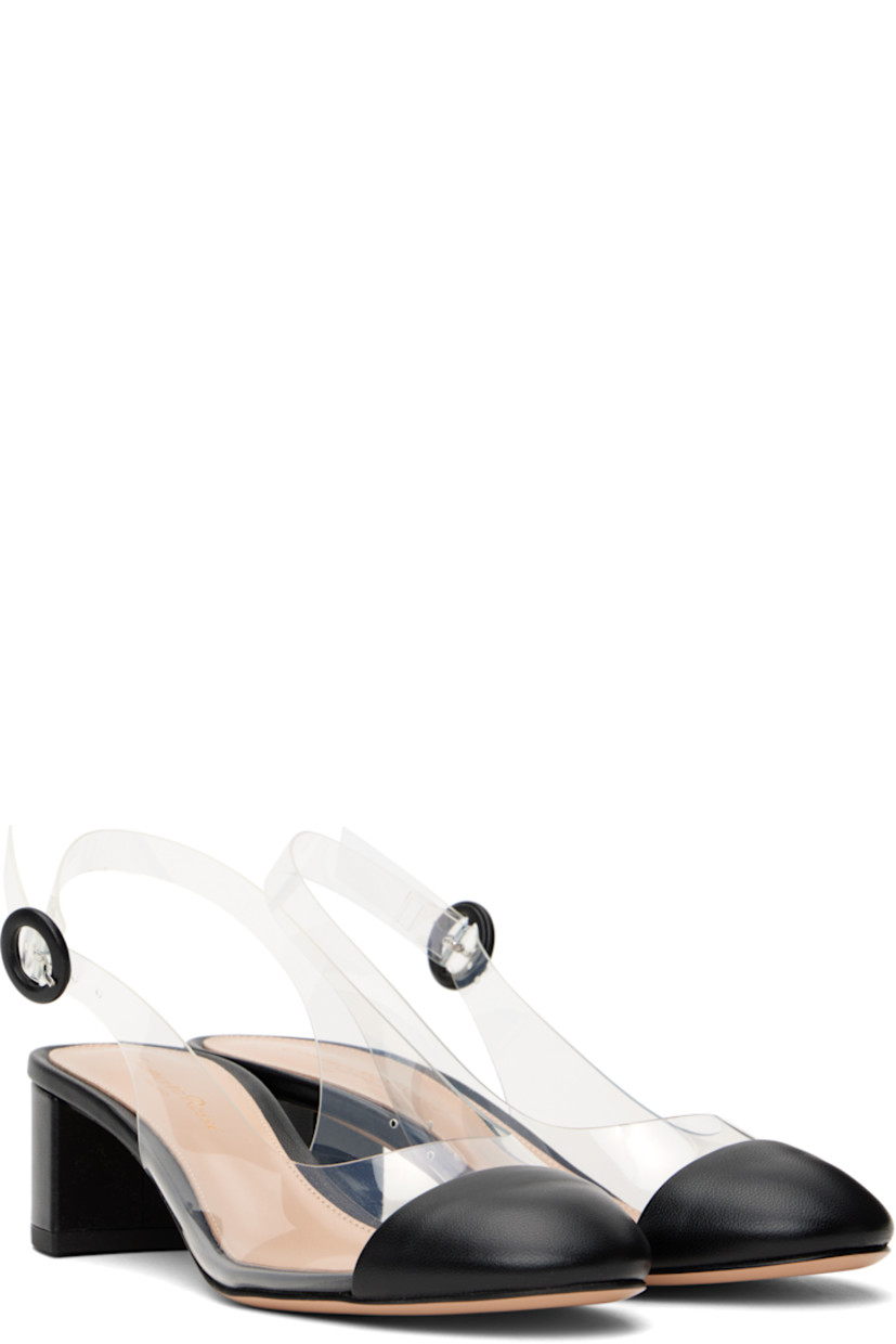 Transparent vinyl heels in black.

· Nappa lambskin cap toe
· Pin-buckle slingback strap
· Perforations at inner side
· Logo stamp at padded goatskin footbed
· Leather block heel with rubber injection
· Leather sole
· Heel: H1.75"

Supplier color: Black/Transparent