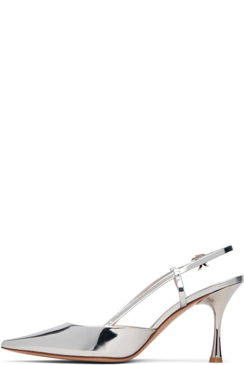 Handcrafted patent goatskin heels.

· Pointed toe
· Logo hardware at pin-buckle slingback strap
· Gold-tone logo stamp at footbed
· Stiletto heel with rubber injection
· Calfskin sole
· Heel: H3.5"

Supplier color: Silver