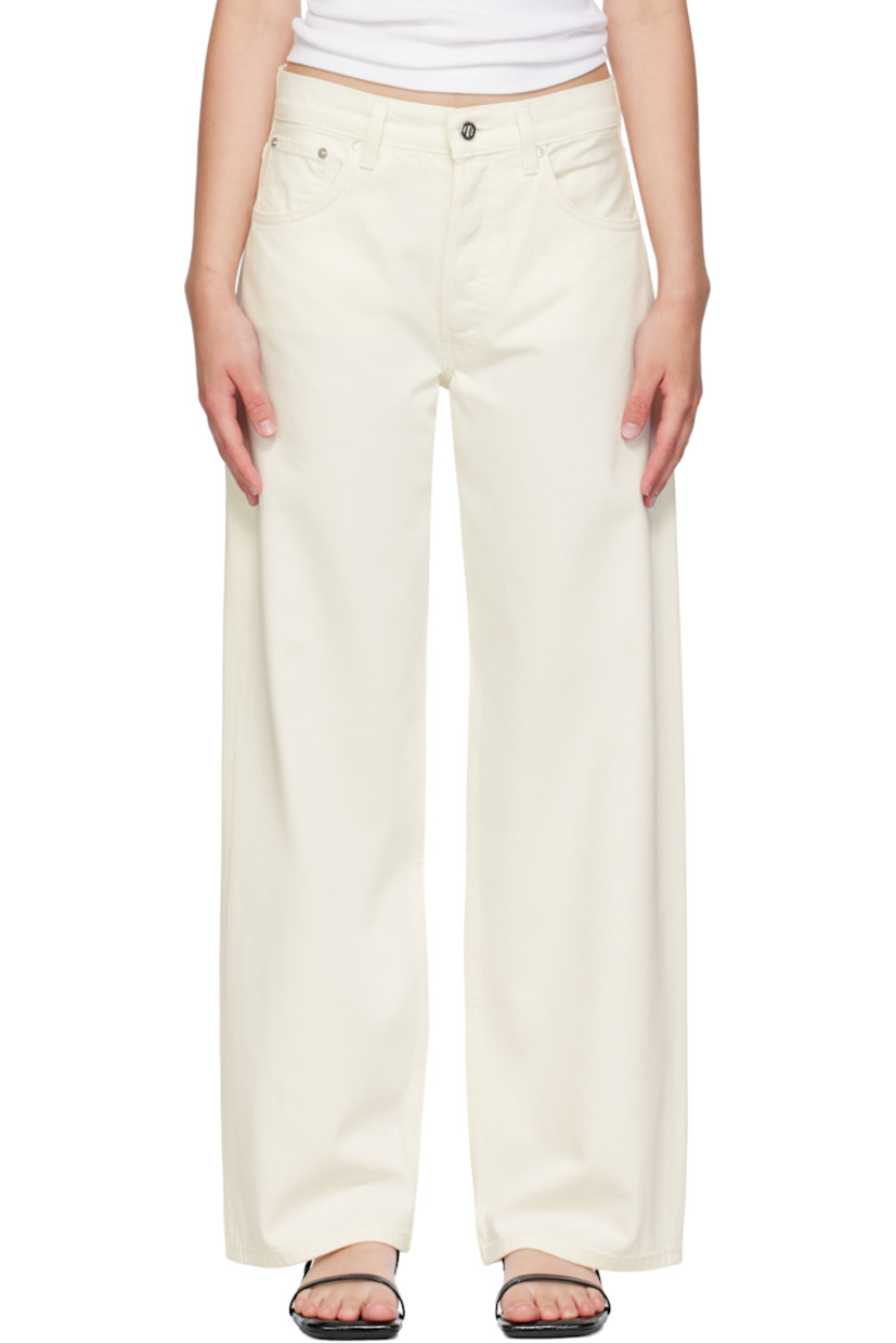 Non-stretch denim jeans. 

· Wide-leg 
· High-rise
· Belt loops
· Five-pocket styling
· Button fly 
· Logo patch at back waistband

Supplier color: Ecru