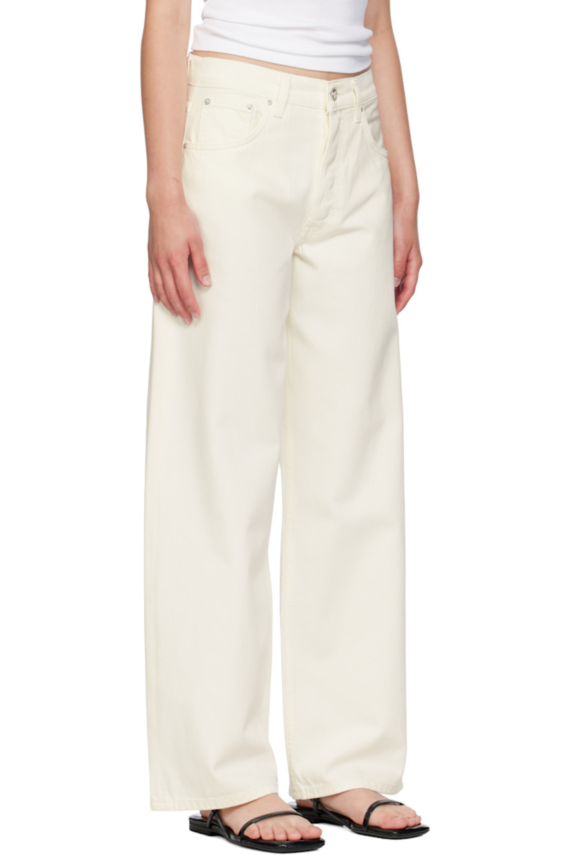 Non-stretch denim jeans. 

· Wide-leg 
· High-rise
· Belt loops
· Five-pocket styling
· Button fly 
· Logo patch at back waistband

Supplier color: Ecru
