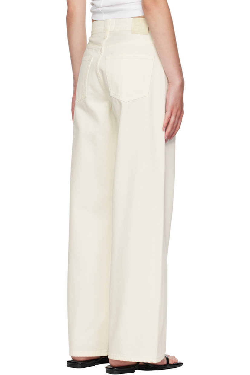 Non-stretch denim jeans. 

· Wide-leg 
· High-rise
· Belt loops
· Five-pocket styling
· Button fly 
· Logo patch at back waistband

Supplier color: Ecru