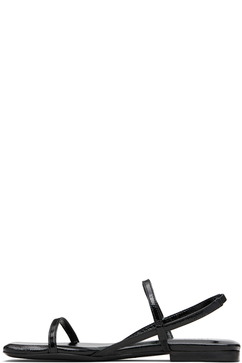 Crinkled patent leather sandals.

· Open square toe
· Straps at vamp
· Partially elasticized slingback strap
· Logo embossed at cushioned footbed
· Polished leather sole

Supplier color: Black
