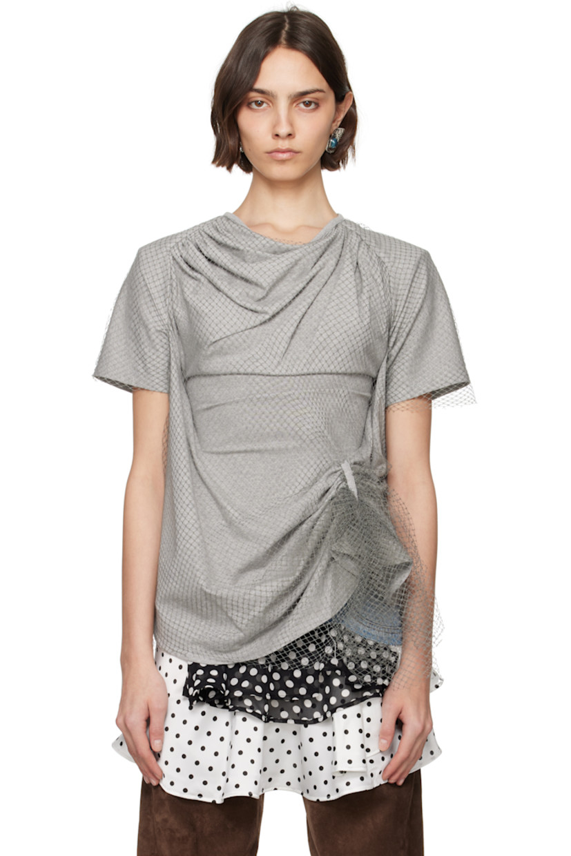 Cotton jersey T-shirt. Draping throughout.

· Nylon fishnet overlay
· Cowl neck
· Ruching at front 
· Asymmetric hem
· Padded saddle shoulders
· Box pleat at back collar

Supplier color: Grey/Baby blue