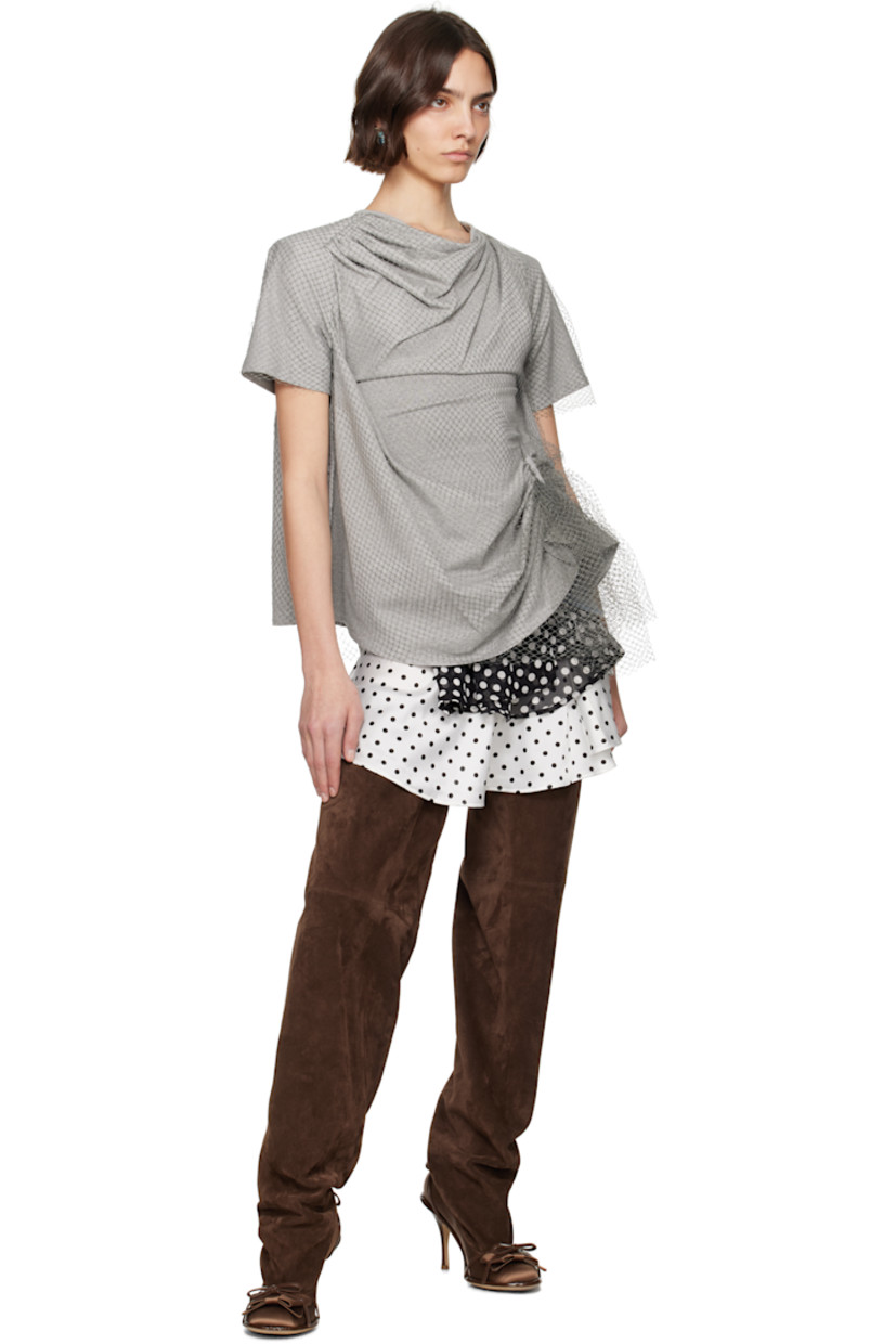 Cotton jersey T-shirt. Draping throughout.

· Nylon fishnet overlay
· Cowl neck
· Ruching at front 
· Asymmetric hem
· Padded saddle shoulders
· Box pleat at back collar

Supplier color: Grey/Baby blue