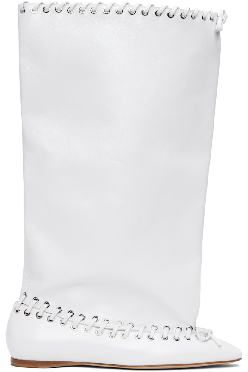 Mid-calf crinkled nappa leather boots in white.

· Lace-up detailing throughout
· Bow accent at vamp and collar
· Suede lining
· Leather sole with rubber injection

Supplier color: White